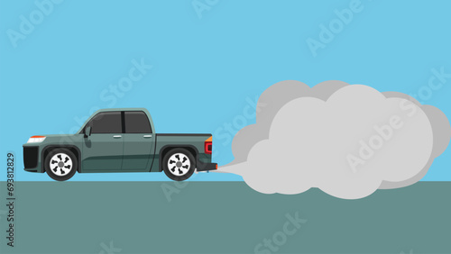 Vector or Illustration of pickup cartoon car passes by emitting pollution fumes or smoke from the exhaust pipe. Empty space for text in the smoke.