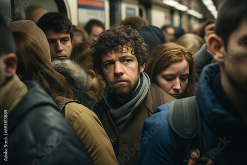 Portrait of a sad man in a crowded subway train.