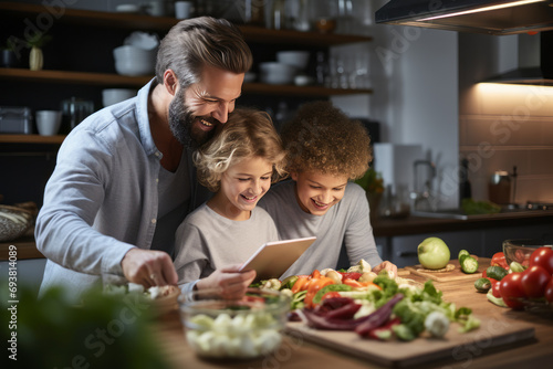 Children and father preparing food  watching recipe on touch screen tablet in kitchen at home.