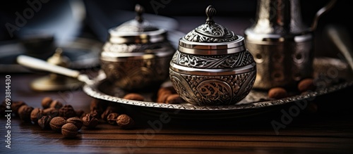 Metal products for presenting traditional Turkish coffee, with a historical and selective focus. photo