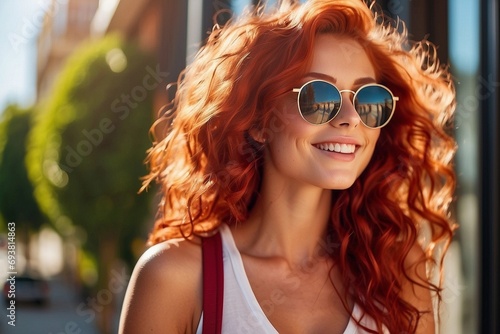 Red hair beautiful woman, smiling, with sunglasses, in the sun, ourdoor generated by ai photo