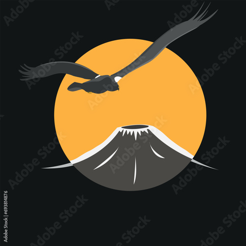 Steller's sea eagle and volcano, vector illustration flat style.