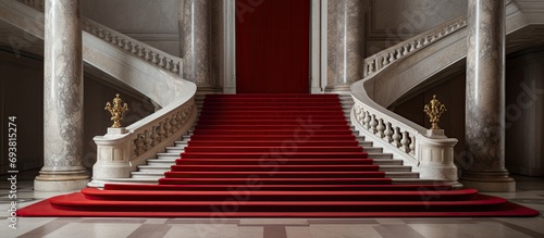 Marble staircase with a red carpet. photo