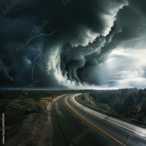 A stormy sky over a highway with lightning. Generative AI.