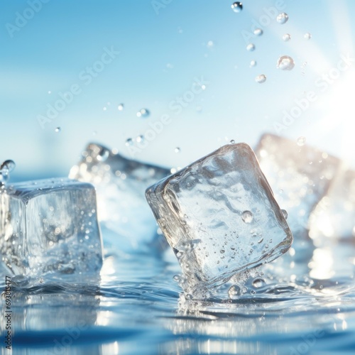 Ice cubes in water with sun shining. Generative AI.