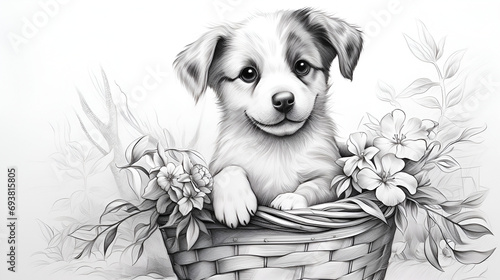 coloring page for children black and white puppy sitting in a basket