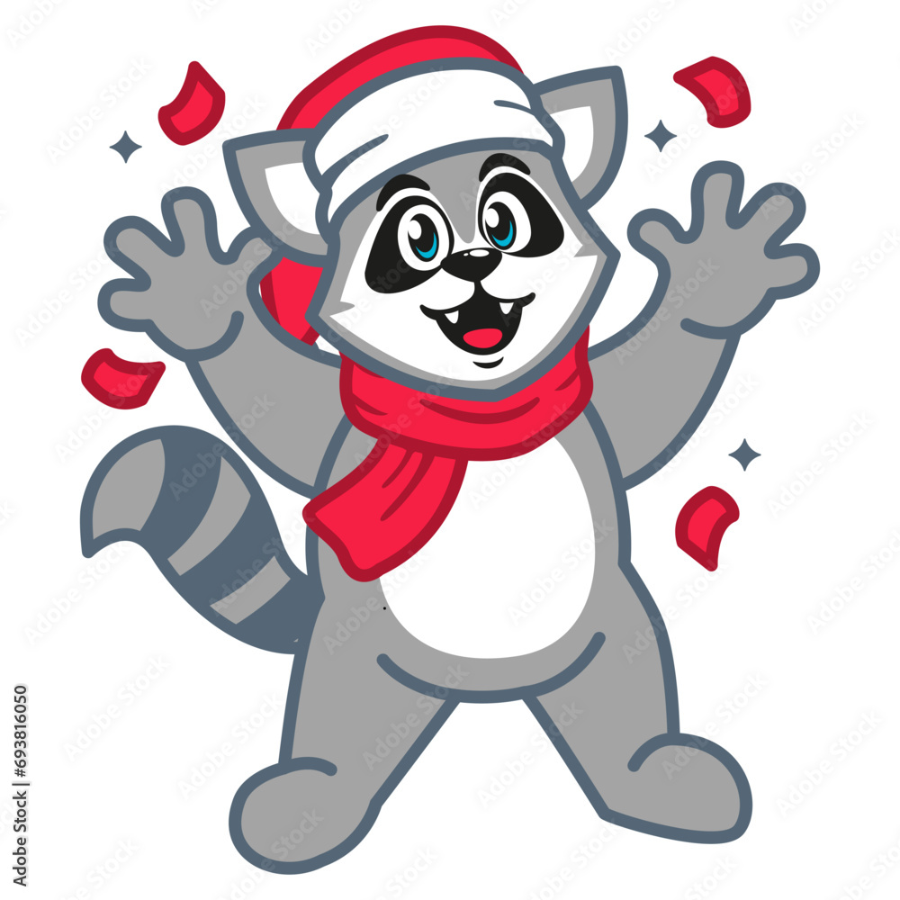 Naklejka premium a raccoon wearing a santa hat and scarf