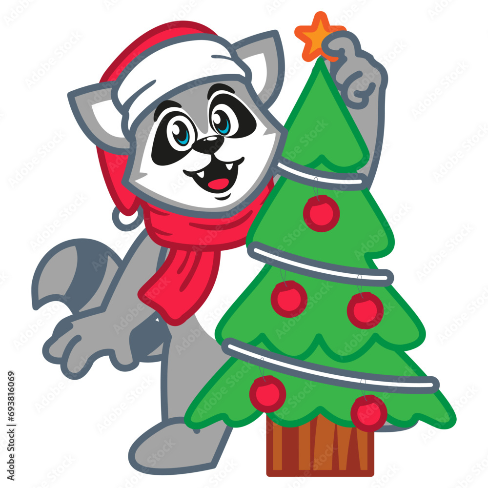 Cartoon raccoon in a red scarf and a santa hat with christmas tree Cartoon raccoon in a red scarf and a santa hat with christmas tree
