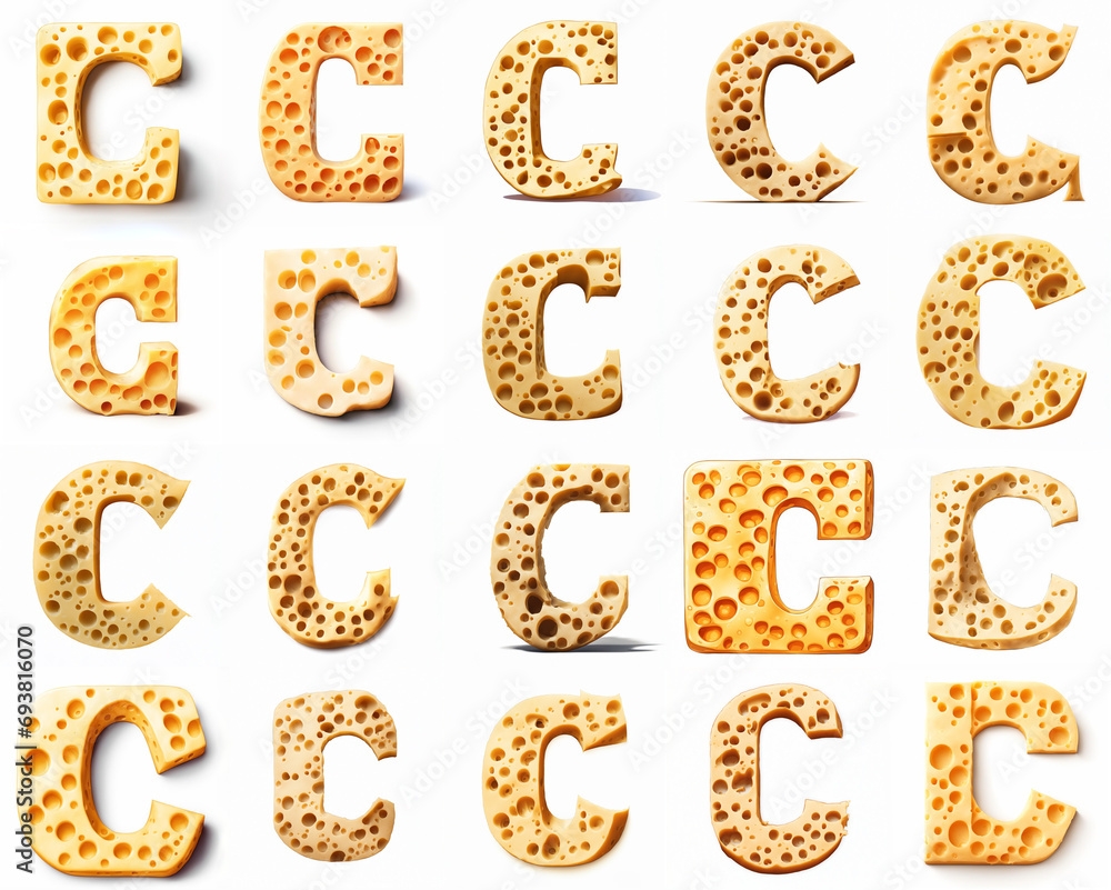 Group of various C shaped letters made from yellow cheese isolated on white background. Generative ai. Cheese font theme. Group of various C shaped letters made from yellow cheese isolated on white background. Generative ai. Cheese font theme.