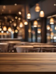  photo wooden table and blurred background of outdoor restaurant with bokeh light 
 