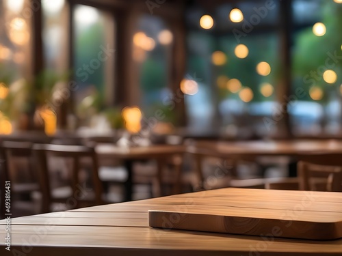  photo wooden table and blurred background of outdoor restaurant with bokeh light 