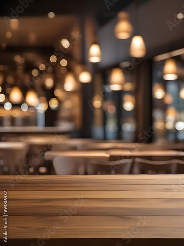  photo wooden table and blurred background of outdoor restaurant with bokeh light 
 