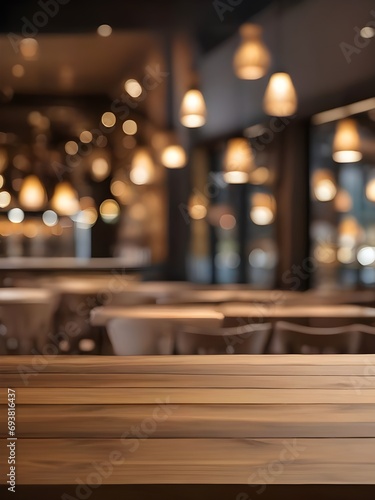  photo wooden table and blurred background of outdoor restaurant with bokeh light 
