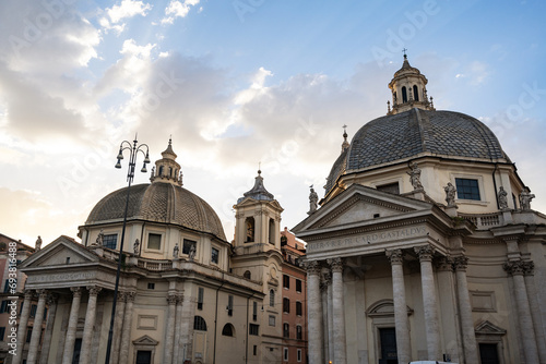 Scenic view of the twin churches churches of Santa Maria Montesanto and Santa Maria Miracoli in Piazza del Popolo, iconic square and major landmark in Rome © Enrico Della Pietra