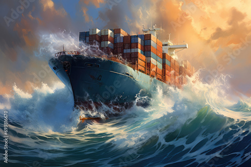 Container Cargo freight ship in the storm sea Ai generator photo