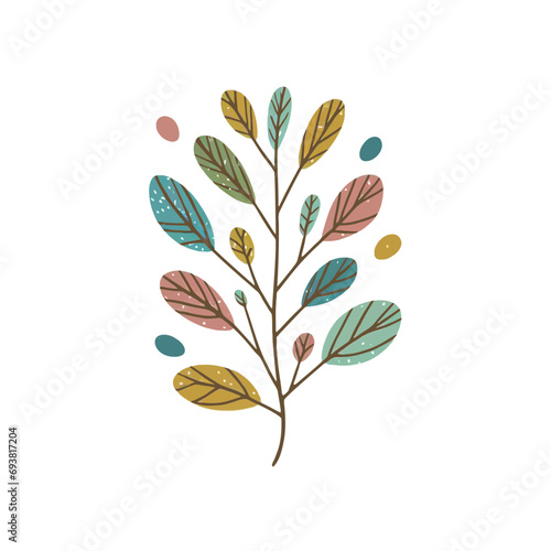 Hand drawn, doodle branch with colorful leaves. Floral element for design of greeting card, invitations and more. Illustration, isolated on white background. Ai generated