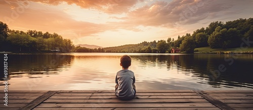 Child sitting on wooden pier, enjoying summer evening at lake during sunset. photo