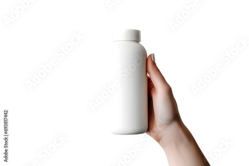 Female hand holding White empty shampoo bottle mock up  branding mockup isolated on transparent background