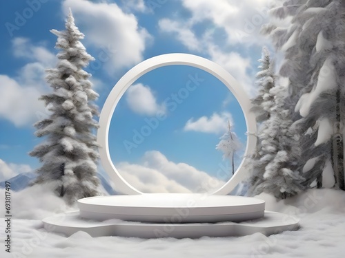  display White podium against blurred winter background 