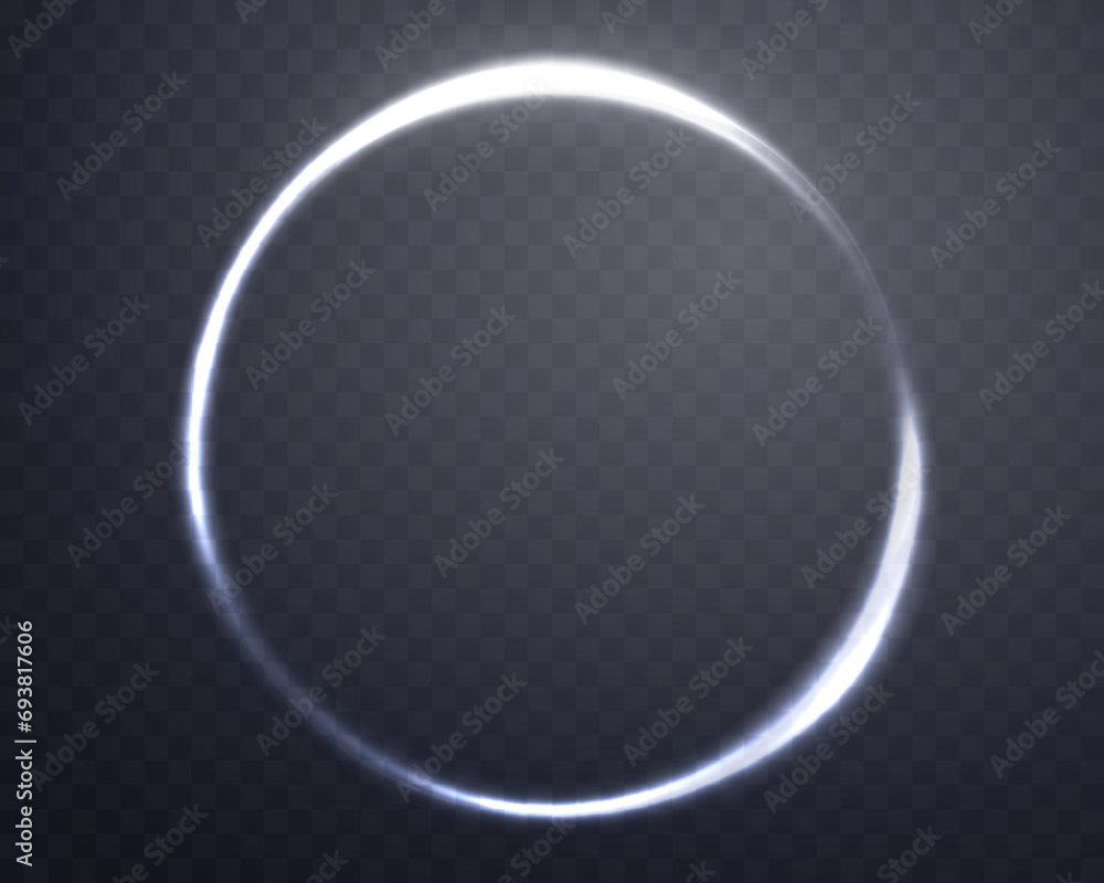 Silver magic ring with glowing. Neon realistic energy flare halo ring. Abstract light effect on a dark transparent background. Vector illustration. - obrazy, fototapety, plakaty 