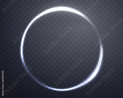 Silver magic ring with glowing. Neon realistic energy flare halo ring. Abstract light effect on a dark transparent background. Vector illustration. photo