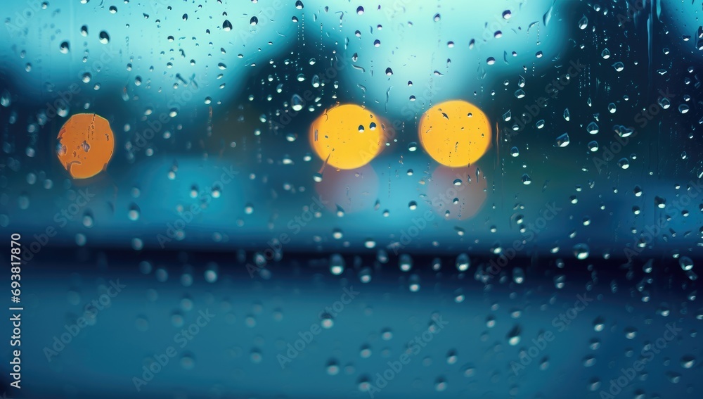 View of the city through a window filled with raindrops View of the city through a window filled with raindrops
