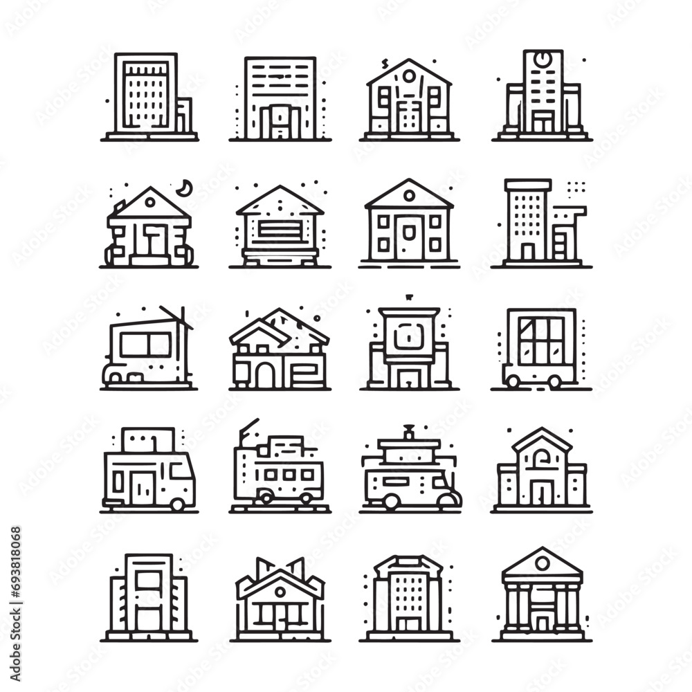 Buildings Icons Set - Outline City Structures for Website and Apps Minimallest building logo black and white
