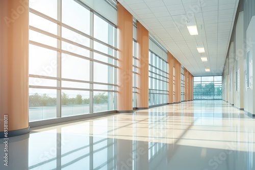 Modern empty interior. Bright and clean business hallway with urban design glass windows and blurred perspectives offering welcoming and open space for various purposes © Wuttichai