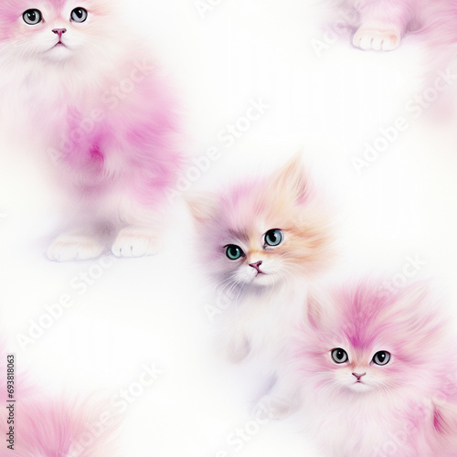 Delicate watercolor seamless pattern featuring fluffy pink and white kittens with wide, captivating eyes on a pristine background