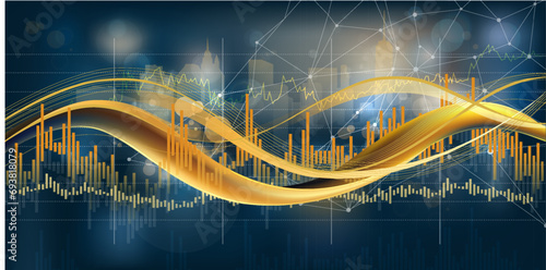 The dark blue background of city skyscrapers and gold charts contrasts.
