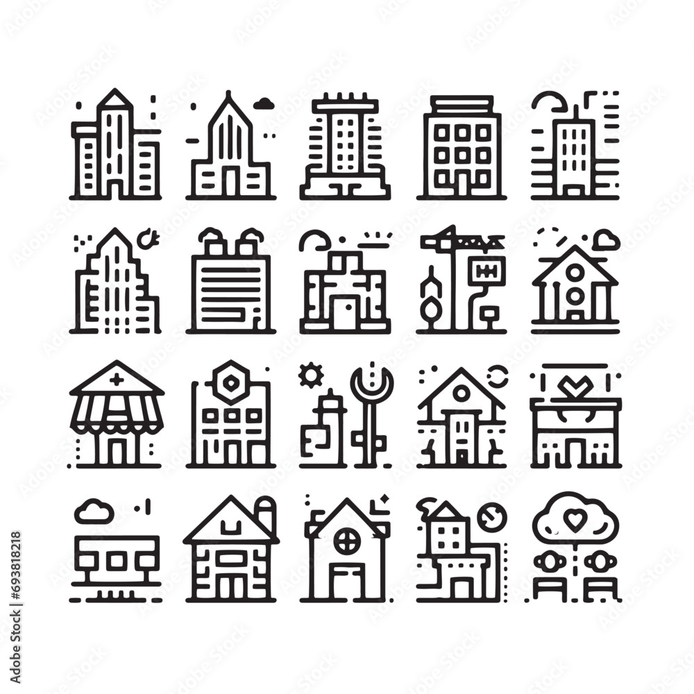 Buildings Icons Set - Modern Office Towers Real Estate Vector Collection Minimallest building logo black and white
