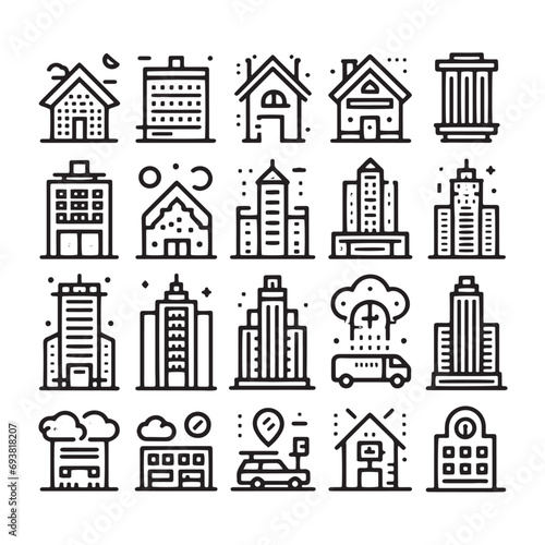 Buildings Icons Set - Residential and Commercial Structure Glyph Symbols Minimallest building logo black and white 