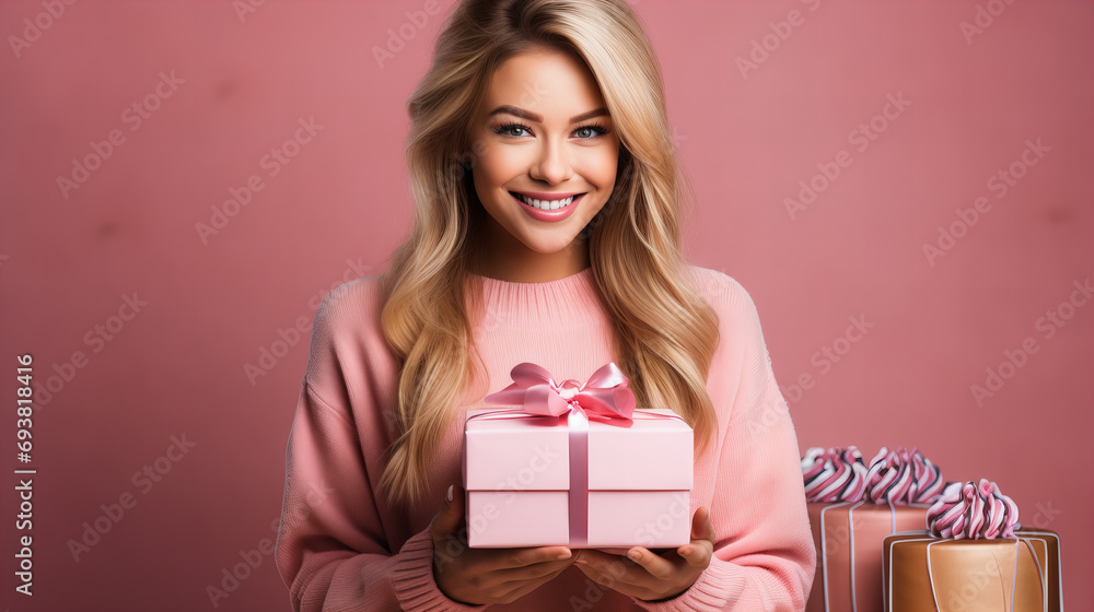 Happy young woman holding gift box smiles and looking at camera, isolated on pastel pink coloured background, copy space. Christmas Xmas birthday party celebration concept, Valentine Mother day Happy young woman holding gift box smiles and looking at camera, isolated on pastel pink coloured background, copy space. Christmas Xmas birthday party celebration concept, Valentine Mother day