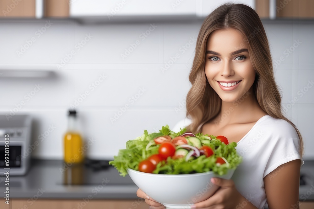 smiling woman holding a bowl of salad