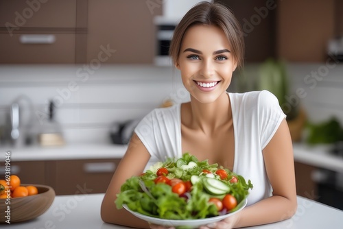 smiling woman holding a bowl of salad © drimerz