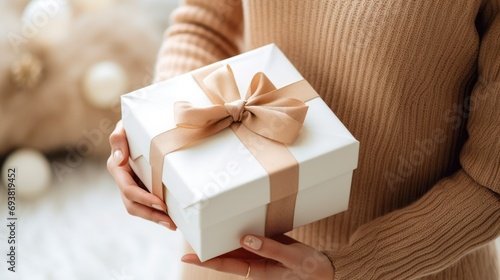 Adorable young woman wearing white sweater hat posing holding gift box with gift ribbon bow isolated on studio one color background - generative ai
