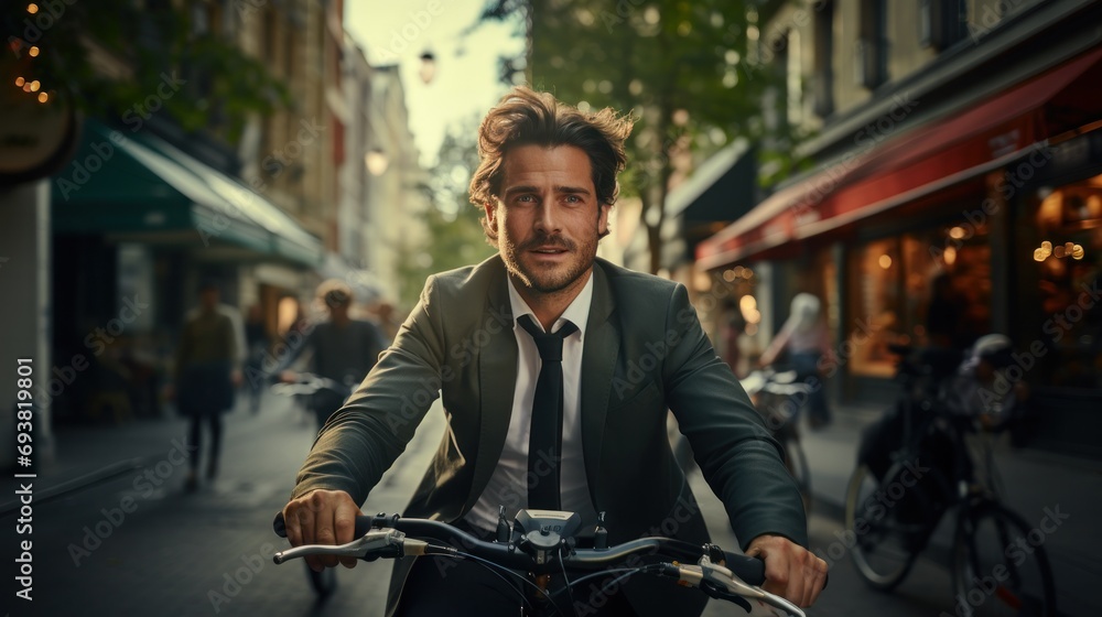 Businessman commuting on a bicycle through a bustling city street, blending eco-friendliness with style.