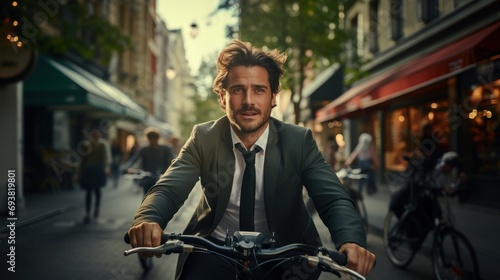 Businessman commuting on a bicycle through a bustling city street, blending eco-friendliness with style. © Archil