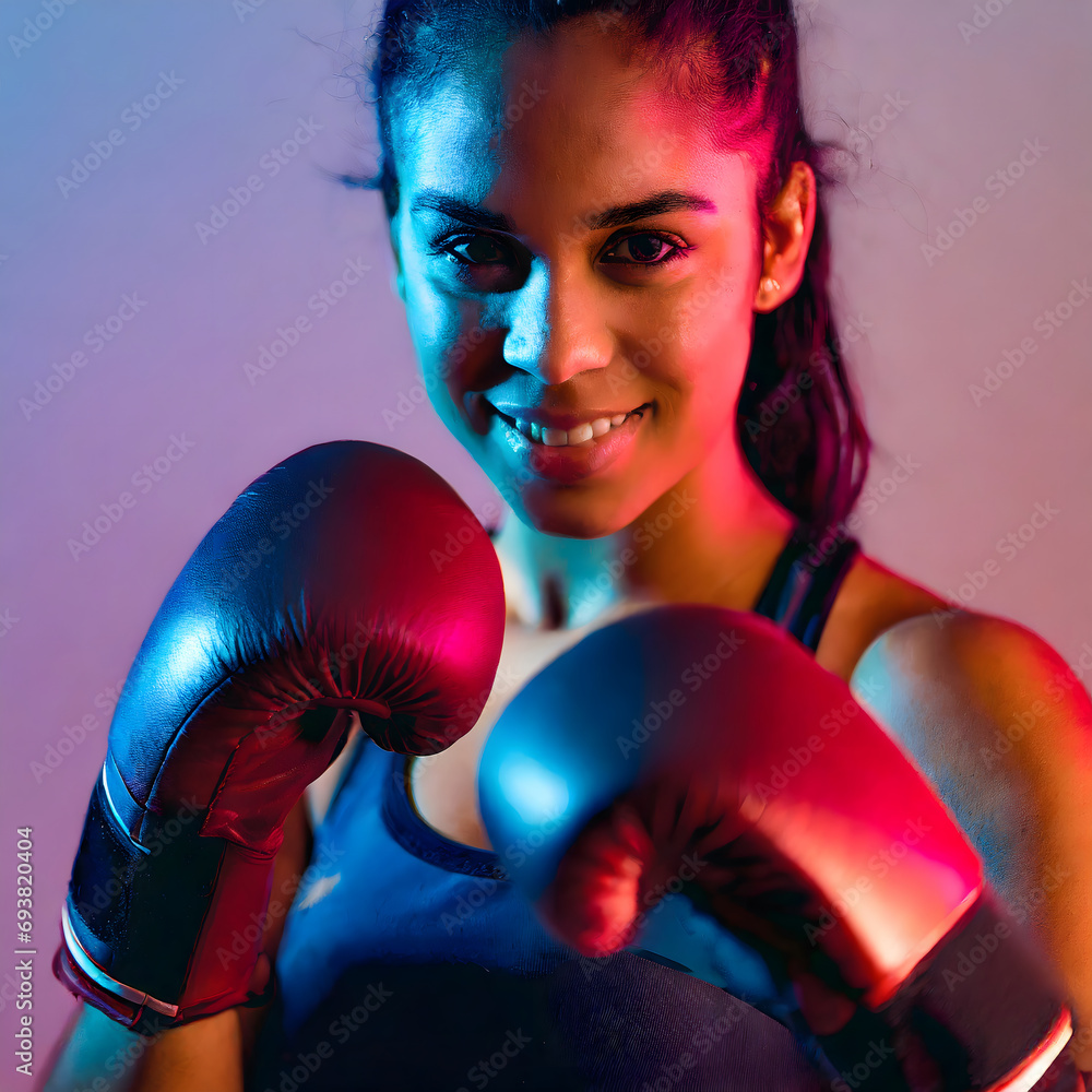 empowered latina boxer woman with boxing gloves, neon lighting empowered latina boxer woman with boxing gloves, neon lighting