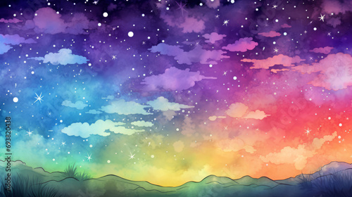 Sky background with clouds and stars. Watercolor painting.