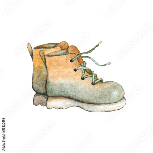 Watercolor illustration of a pair of boots with laces on a transparent background