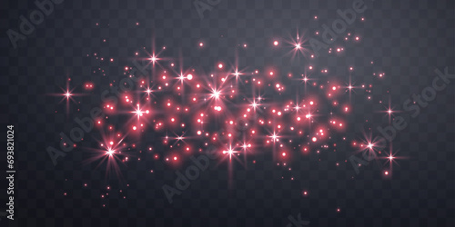 Red magic sparks and dust stars. Red glow flare light effect. Christmas light effect. Vector particles on transparent background.