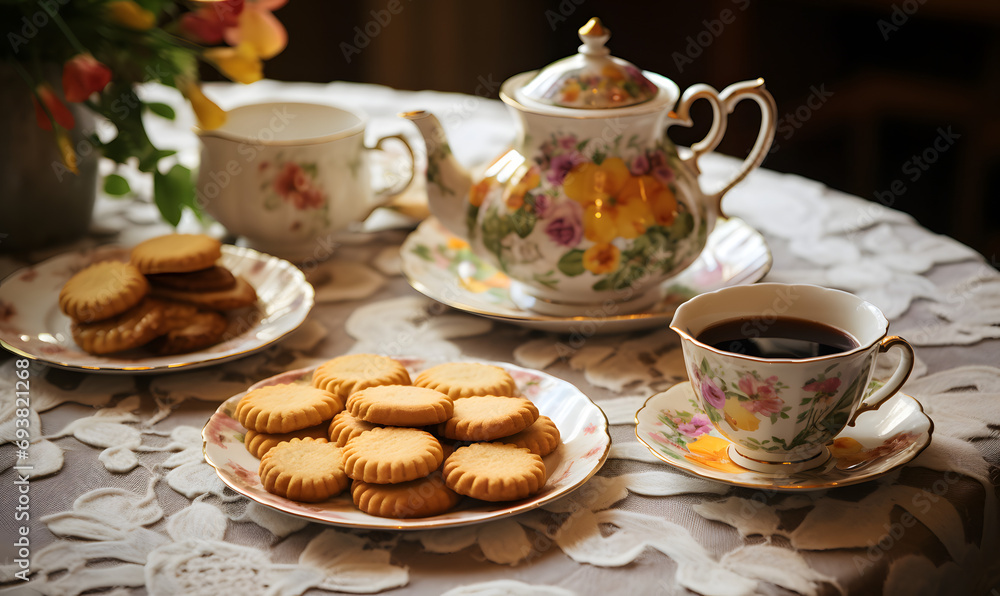 Fototapeta premium Tea set and cookies, Generative AI