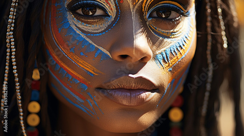 A close-up of a woman's face adorned with traditional cultural markings, celebrating diversity and the rich tapestry of global beauty.