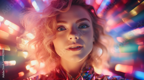 A close-up of a woman's face surrounded by a play of colorful lights, creating a dynamic and visually stunning portrait that reflects her vibrant spirit.