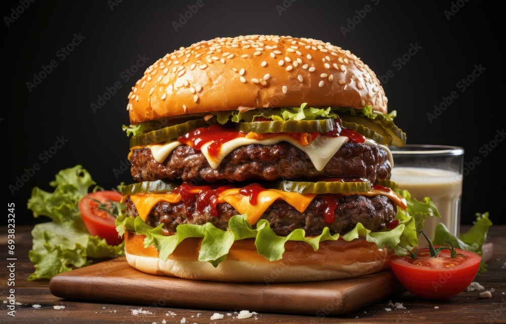 Junk food yummy Meat hamburger on wooden Junk food yummy Meat hamburger on wooden
