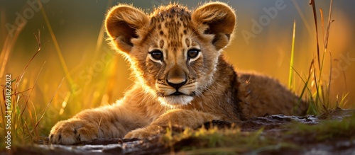 Young lion cub resting in the grass with raindrops and golden hour beginning in Naboisho Conservancy. photo