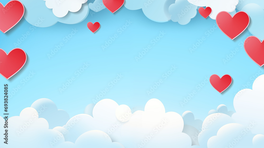 Poster or banner with blue sky and paper cut clouds. Happy Valentine's day sale header or voucher template with hanging hearts