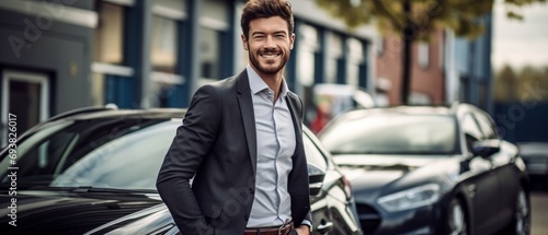 Satisfied smiling man customer buyer businessman client in car showroom or dealership chooses auto wants buy new automobile. Showroom vehicle dealership store motor show car sales. Generative ai