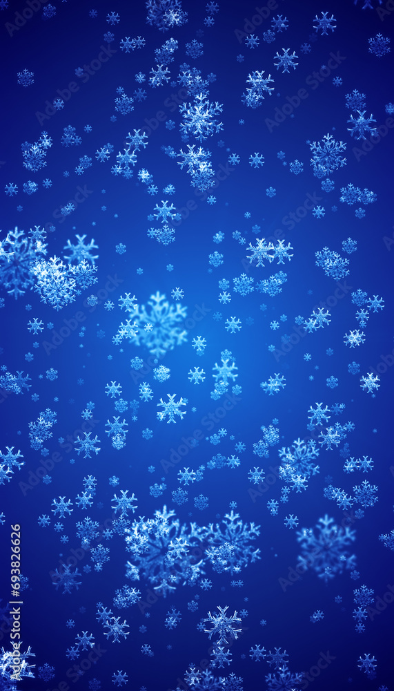 Vertical illustration of snowflakes on a blue background. Abstract background. Christmas and vacation concept.